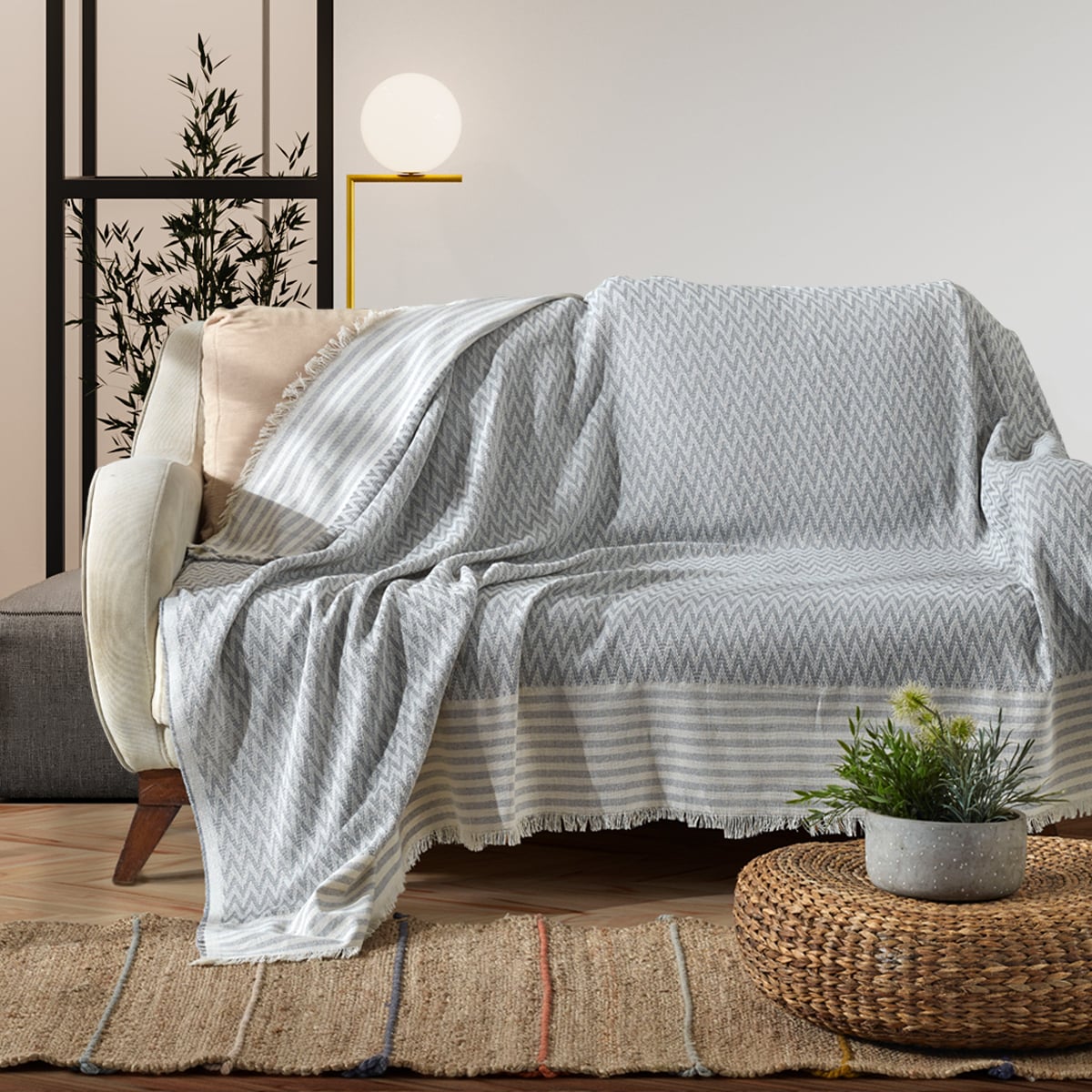 Vagonik Zigzag Natural Keten Koltuk Örtüsü | Koltuk Şalı Çekyat Örtüsü - Gri