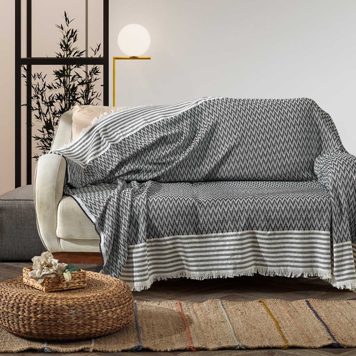 Vagonik Zigzag Natural Keten Koltuk Örtüsü | Koltuk Şalı Çekyat Örtüsü - Füme