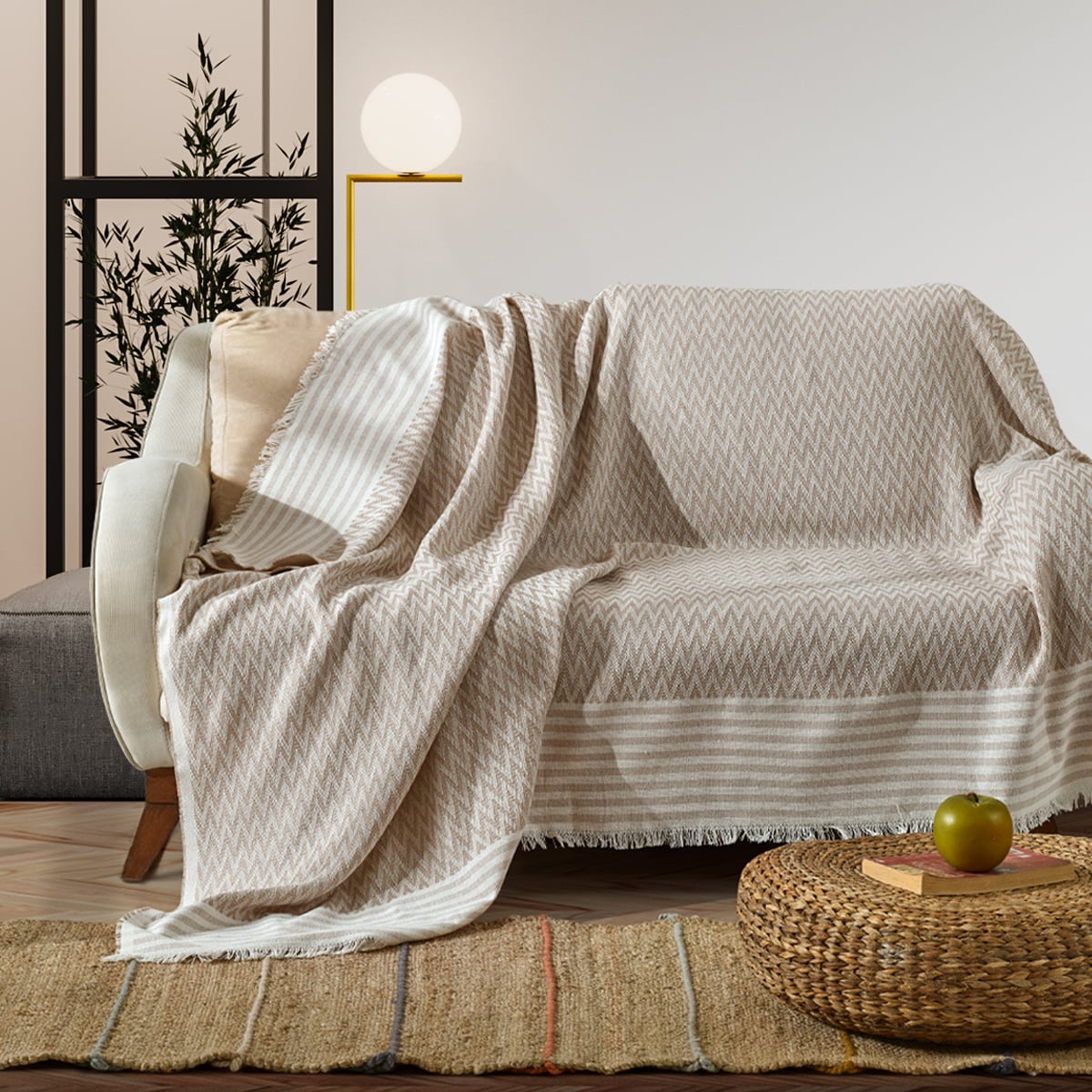 Vagonik Zigzag Natural Keten Koltuk Örtüsü | Koltuk Şalı Çekyat Örtüsü - Bej