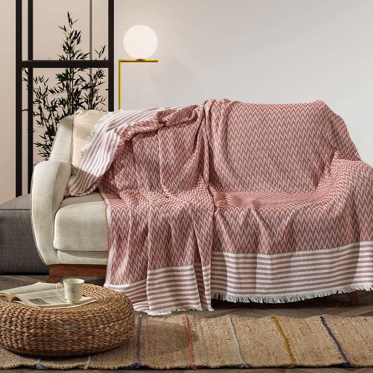 Vagonik Zigzag Natural Keten Koltuk Örtüsü | Koltuk Şalı Çekyat Örtüsü - Kiremit