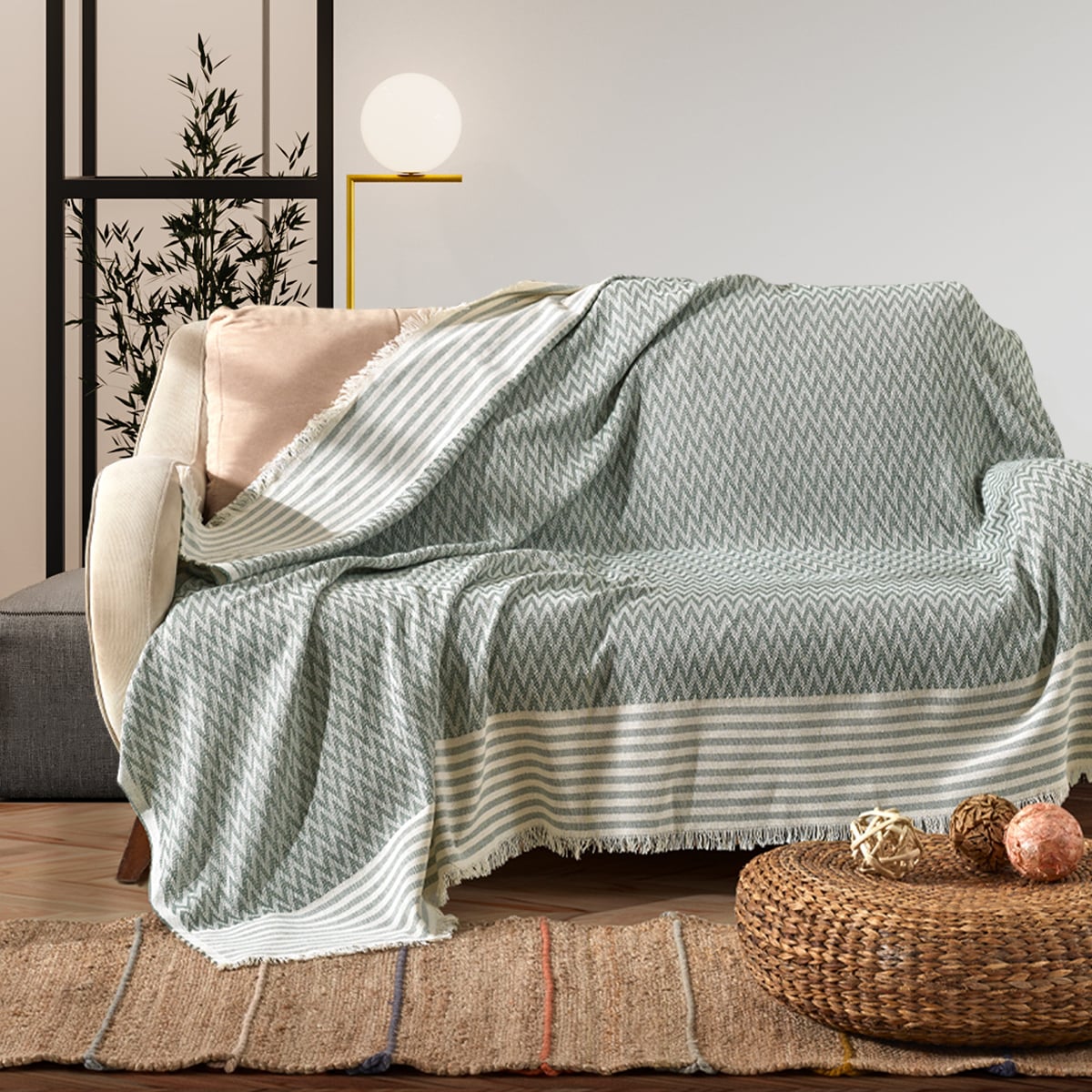 Vagonik Zigzag Natural Keten Koltuk Örtüsü | Koltuk Şalı Çekyat Örtüsü - Yeşil