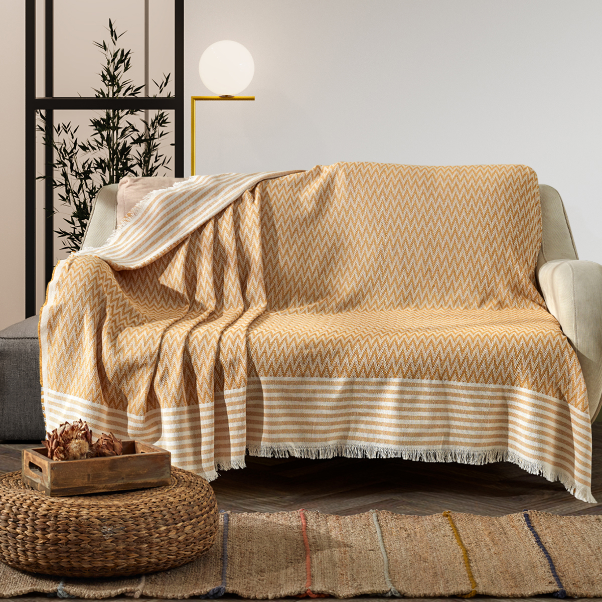 Vagonik Zigzag Natural Keten Koltuk Örtüsü | Koltuk Şalı Çekyat Örtüsü - Hardal