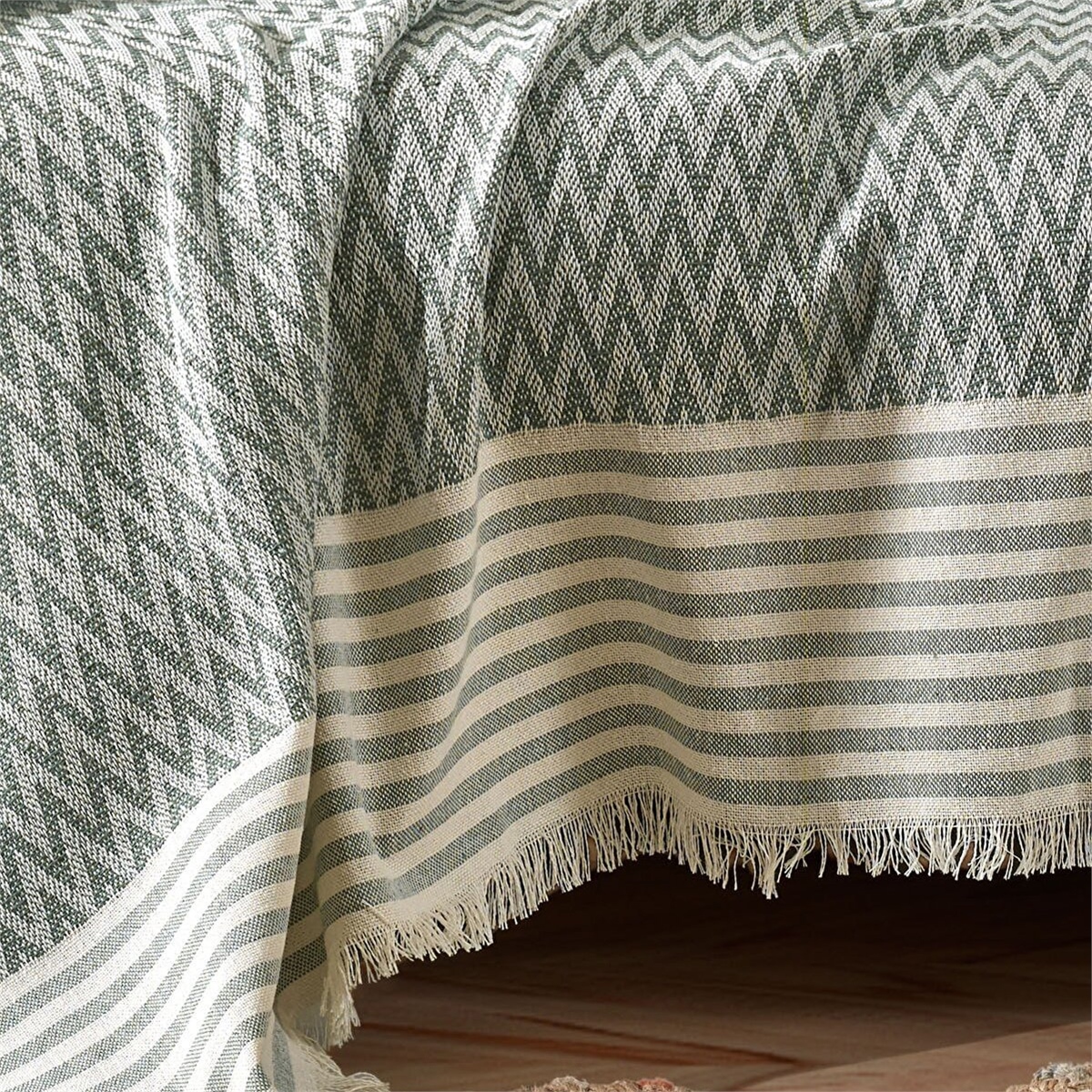 Vagonik Zigzag Natural Keten Koltuk Örtüsü | Koltuk Şalı Çekyat Örtüsü - Yeşil