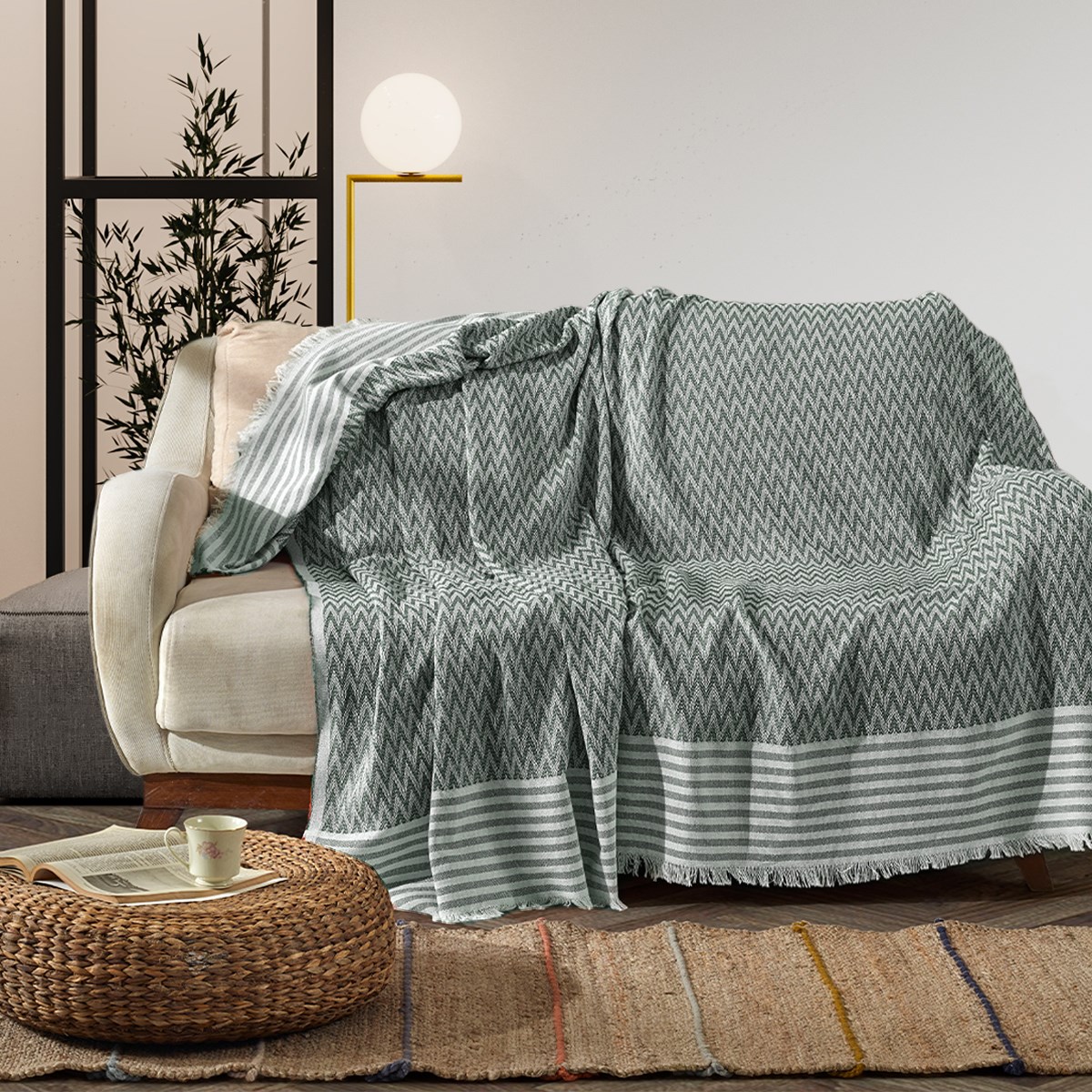 Vagonik Zigzag Natural Keten Koltuk Örtüsü | Koltuk Şalı Çekyat Örtüsü - Koyu Yeşil