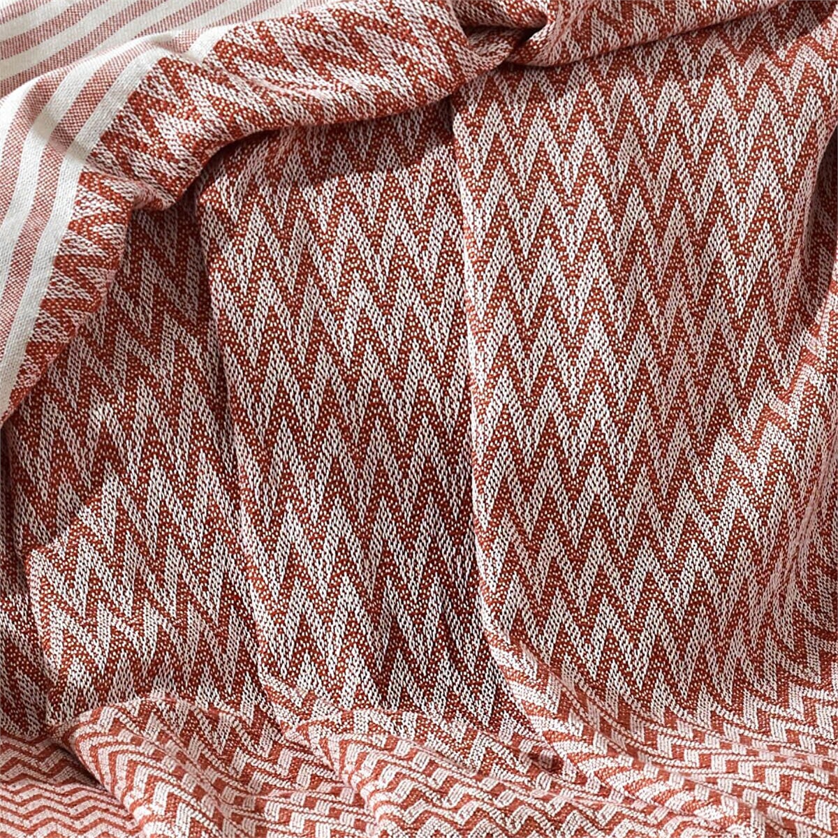 Vagonik Zigzag Natural Keten Koltuk Örtüsü | Koltuk Şalı Çekyat Örtüsü - Kiremit