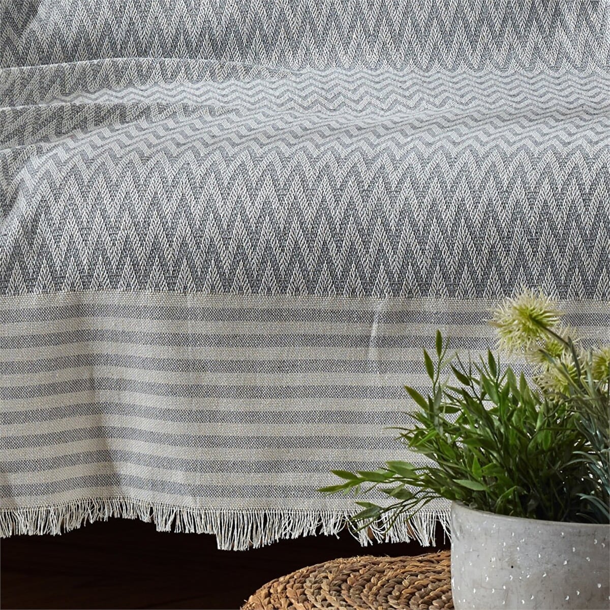 Vagonik Zigzag Natural Keten Koltuk Örtüsü | Koltuk Şalı Çekyat Örtüsü - Gri