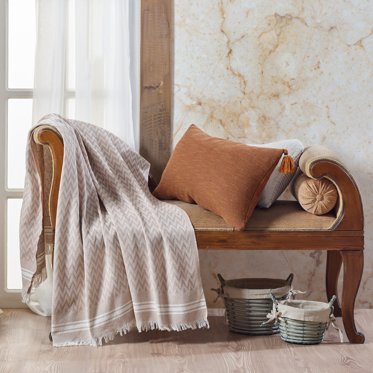 Vagonik Zigzag Pamuklu Tv Battaniyesi | Diz Battaniyesi Throw - Bej