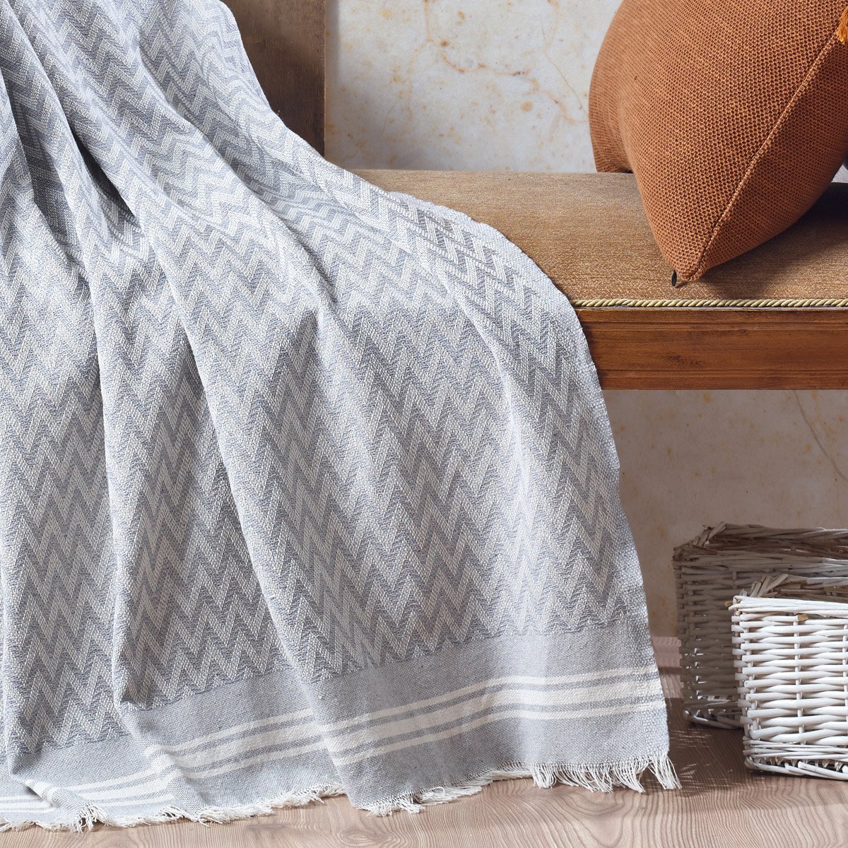 Vagonik Zigzag Pamuklu Tv Battaniyesi | Diz Battaniyesi Throw - Gri 