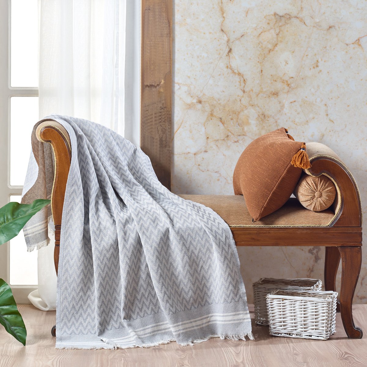 Vagonik Zigzag Pamuklu Tv Battaniyesi | Diz Battaniyesi Throw - Gri 