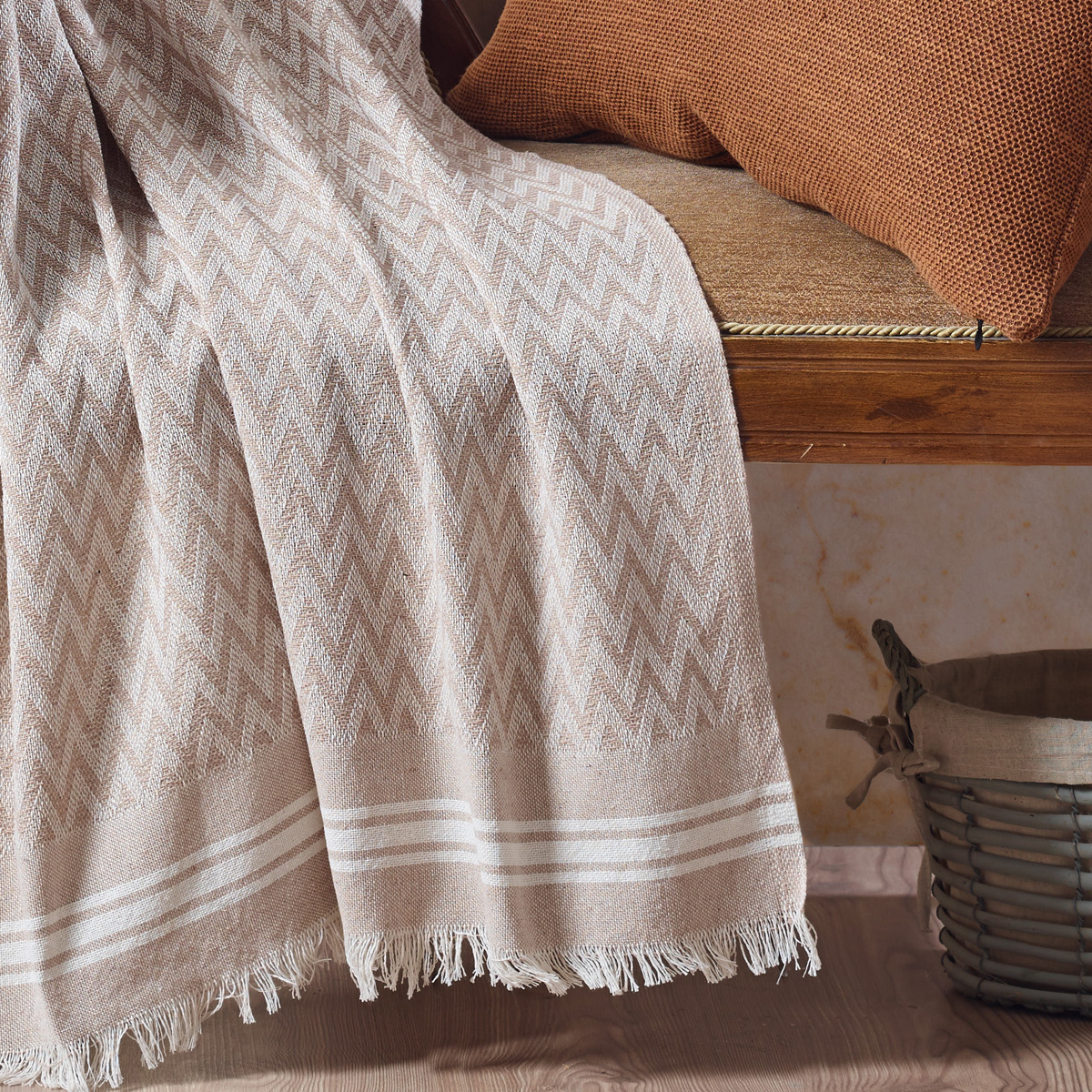 Vagonik Zigzag Pamuklu Tv Battaniyesi | Diz Battaniyesi Throw - Bej