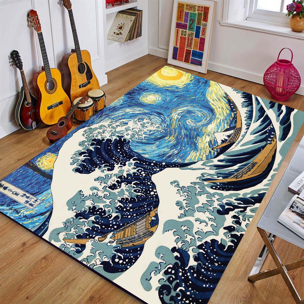 Van Gogh Yıldızlı Gece ve Büyük Dalga Dijital Baskılı Halı Kaydırmaz Tabanlı Yıkanabilir Halı