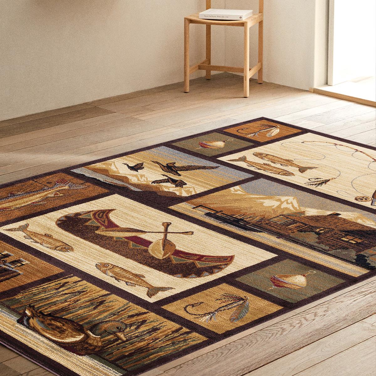 Vintage Kayık Balık ve Vahşi Doğa Desenli Dijital Baskılı Halı Kaydırmaz Tabanlı Yıkanabilir Halı