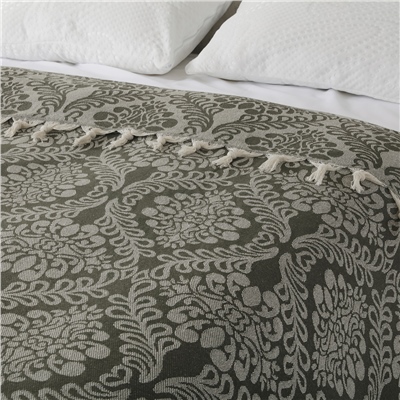 Vagonik Damask Desenli Çift Kişilik Yatak Örtüsü Jakarlı 200x230 Cm Haki