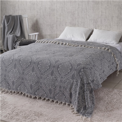 Vagonik Damask Desenli Çift Kişilik Yatak Örtüsü Jakarlı 200x230 Cm Füme