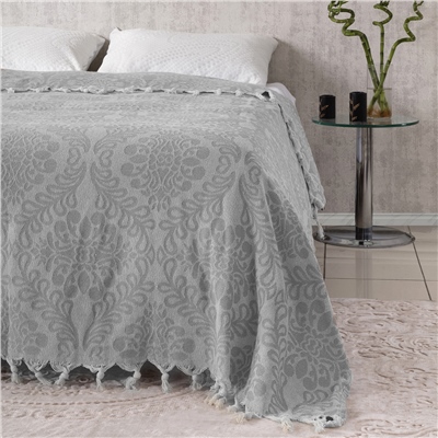 Vagonik Damask Desenli Çift Kişilik Yatak Örtüsü Jakarlı 200x230 Cm Gri