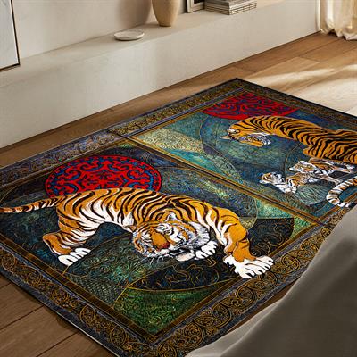  Vagonik Kaplan Bohem Desenli Dijital Baskılı Halı Kaydırmaz Tabanlı Yıkanabilir Halı