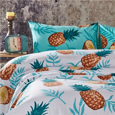 Vagonik Ananas Desenli Çift Kişilik Pike Takımı Beyaz