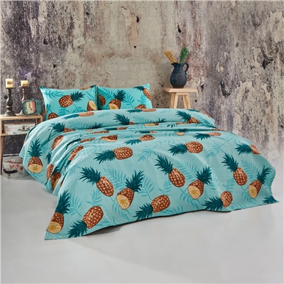 Vagonik Ananas Desenli Çift Kişilik Pike Takımı Turkuaz