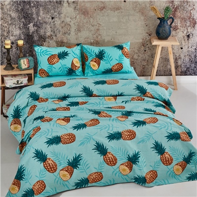 Vagonik Ananas Desenli Tek Kişilik Pike Takımı Turkuaz