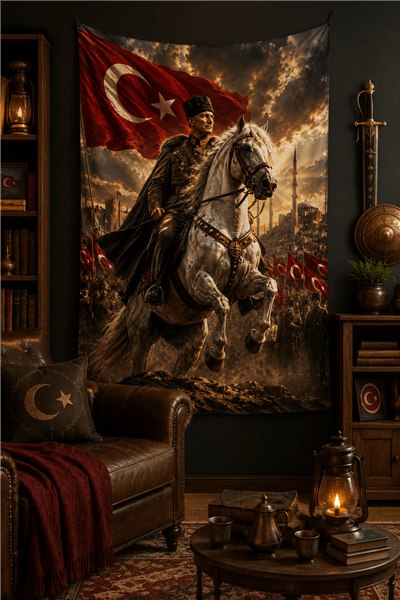 Atatürk Türk bayrağı Beyaz At Temalı Duvar Örtüsü  Afişi Kalın Kumaş 