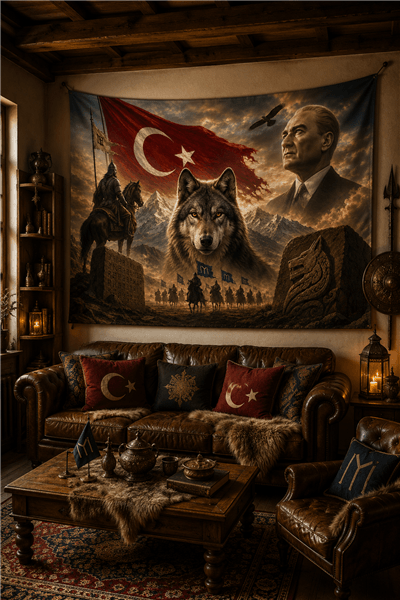 Atatürk ve Atilla Kurt Temalı Duvar Örtüsü  Afişi Kalın Kumaş 