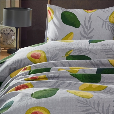 Vagonik Avocado Desenli Çift Kişilik Pike Takımı Gri