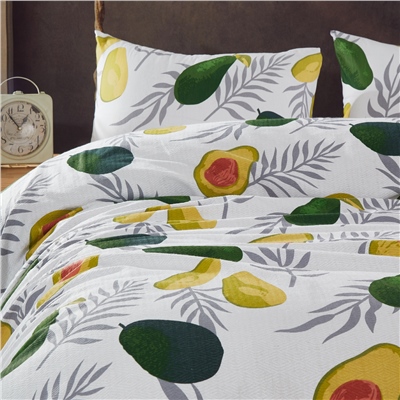 Vagonik Avocado Desenli Çift Kişilik Pike Takımı Beyaz