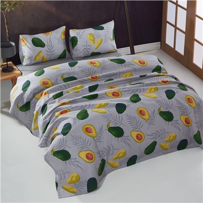 Vagonik Avocado Desenli Tek Kişilik Pike Takımı Gri