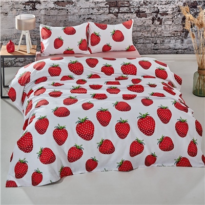 Vagonik Çilek Desenli Tek Kişilik Pike Takımı Beyaz