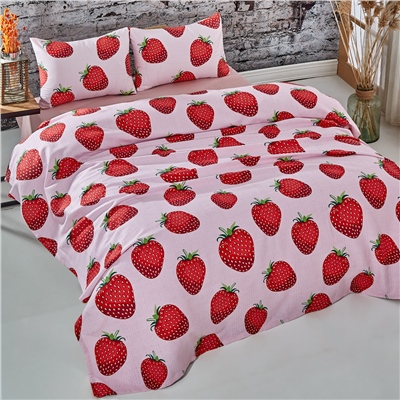 Vagonik Çilek Desenli Tek Kişilik Pike Takımı Pembe