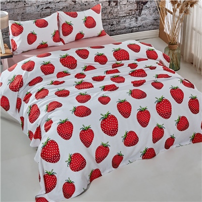 Vagonik Çilek Desenli Tek Kişilik Pike Takımı Beyaz