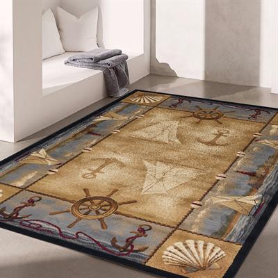 Deniz Tekne ve Çapa Desenli Dijital Baskılı Halı Kaydırmaz Tabanlı Yıkanabilir Halı