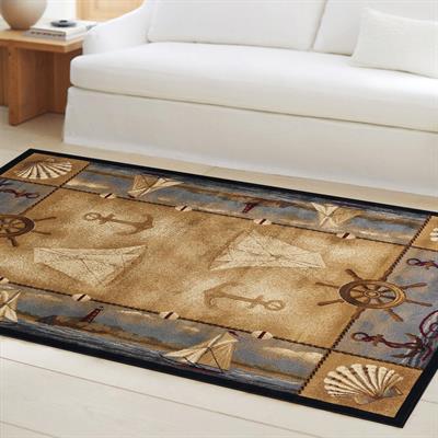 Deniz Tekne ve Çapa Desenli Dijital Baskılı Halı Kaydırmaz Tabanlı Yıkanabilir Halı