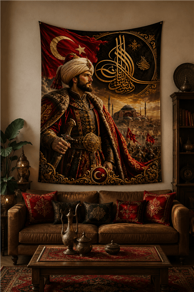 Fatih Sultan Mehmet ve Tuğra Temalı Duvar Örtüsü  Afişi Kalın Kumaş 
