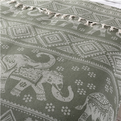 Vagonik Fil Desenli Çift Kişilik Yatak Örtüsü Jakarlı 200x230 Cm Haki