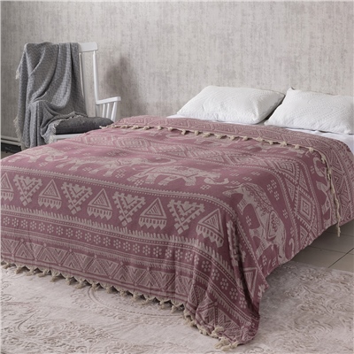 Vagonik Fil Desenli Çift Kişilik Yatak Örtüsü Jakarlı 200x230 Cm Mürdüm