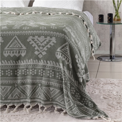 Vagonik Fil Desenli Çift Kişilik Yatak Örtüsü Jakarlı 200x230 Cm Haki