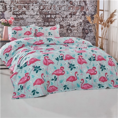 Vagonik Flamingo Desenli Çift Kişilik Pike Takımı Mavi