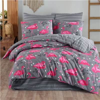 Vagonik Flamingo Desenli Gri Çift Kişilik Nevresim Takımı