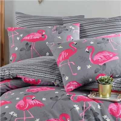 Vagonik Flamingo Desenli Gri Çift Kişilik Nevresim Takımı