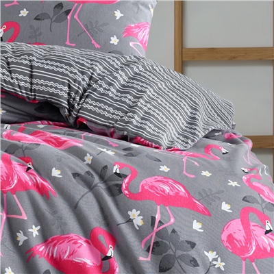 Vagonik Flamingo Desenli Gri Çift Kişilik Nevresim Takımı