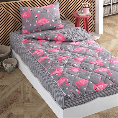 Vagonik Flamingo Desenli Gri Tek Kişilik Yorganlı Çocuk Uyku Seti