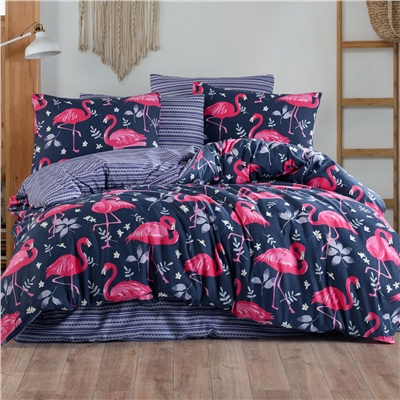 Vagonik Flamingo Desenli Lacivert Çift Kişilik Nevresim Takımı