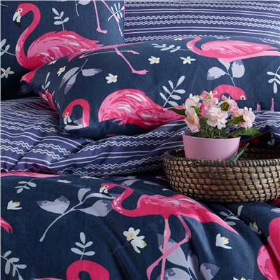 Vagonik Flamingo Desenli Lacivert Çift Kişilik Nevresim Takımı