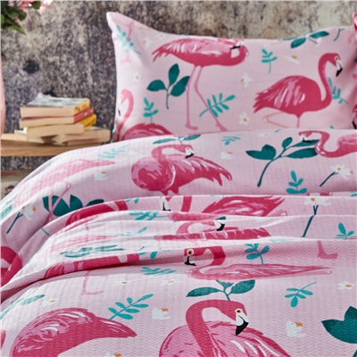 Vagonik Flamingo Desenli Tek Kişilik Pike Takımı Pembe