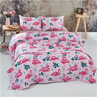 Vagonik Flamingo Desenli Tek Kişilik Pike Takımı Pembe