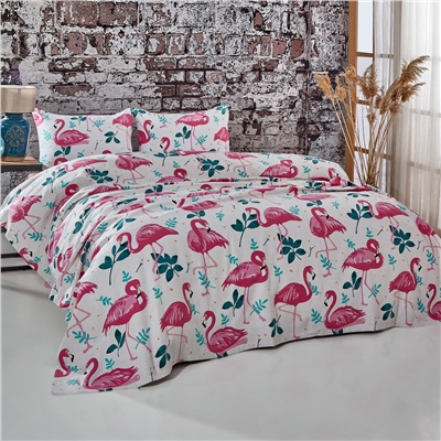 Vagonik Flamingo Desenli Tek Kişilik Pike Takımı Beyaz