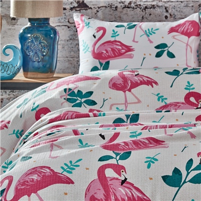 Vagonik Flamingo Desenli Tek Kişilik Pike Takımı Beyaz