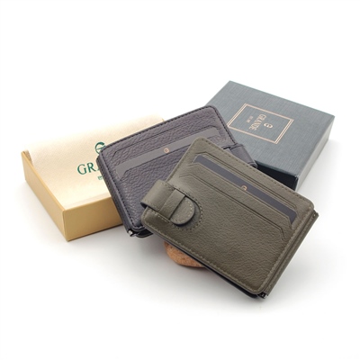 Grande  Hakiki Deri Çift Taraflı Çift Renkli Kağıt Para Koyma Aparatlı 1 Adet Kartlık Cüzdan - Siyah/Yeşil