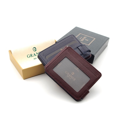 Grande  Hakiki Deri Çift Taraflı Çift Renkli Kağıt Para Koyma Aparatlı 1 Adet Kartlık Cüzdan - Laci/Mürdüm